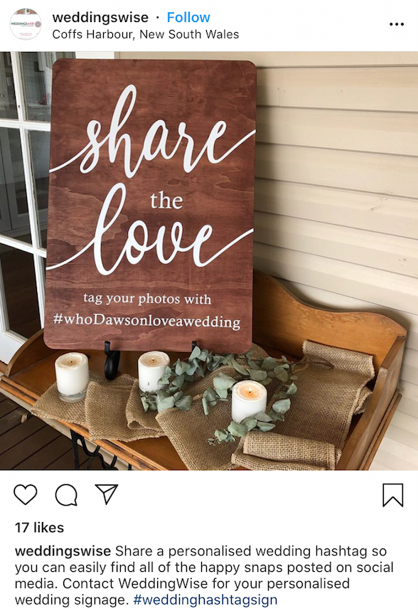 using your wedding hashtag 