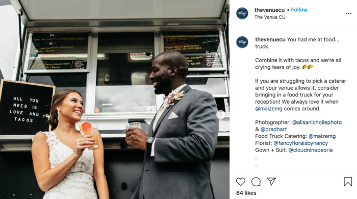 couple in front of their wedding food truck