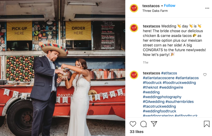 couple eating tacos from wedding food truck