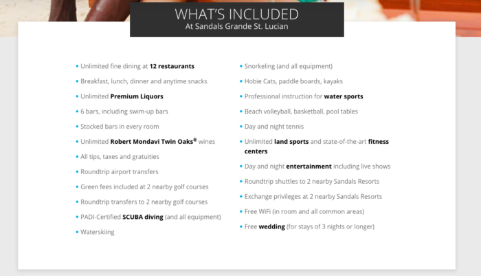 information on what's included in the Sandals St. Lucian package 