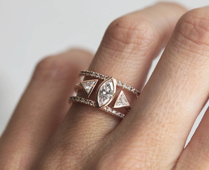 Diamond engagement ring set, triangle open wedding ring set