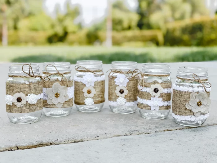 lace and burlap vase jars