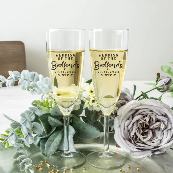 engraved champagne glass as wedding favors